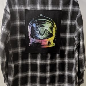 Astronaut Kitten Upcycled Flannel Shirt